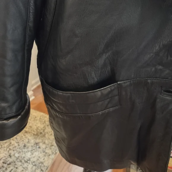 Vera Pelle Black Genuine Black Leather 3/4 Coat Fur Trim Made In Italy L - XL 14 - Picture 3 of 13